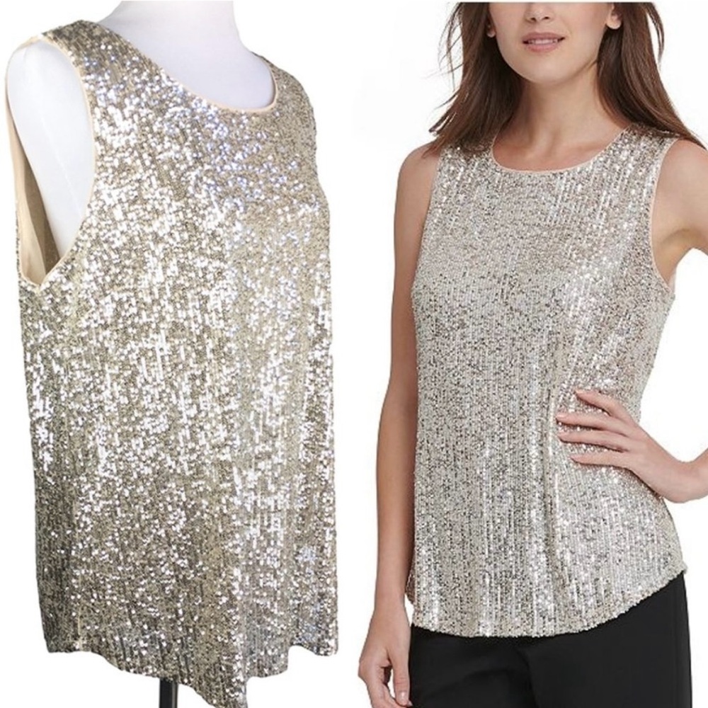DKNY Silver Champagne Sequin Beaded Sleeveless Blouse